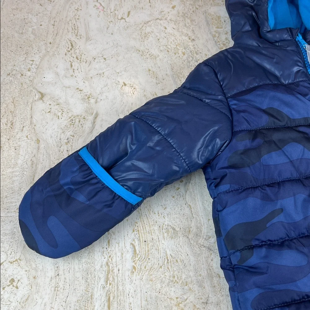 Carter’s baby snowsuit blue camo zip up size 6-9 months fold over hands / feet